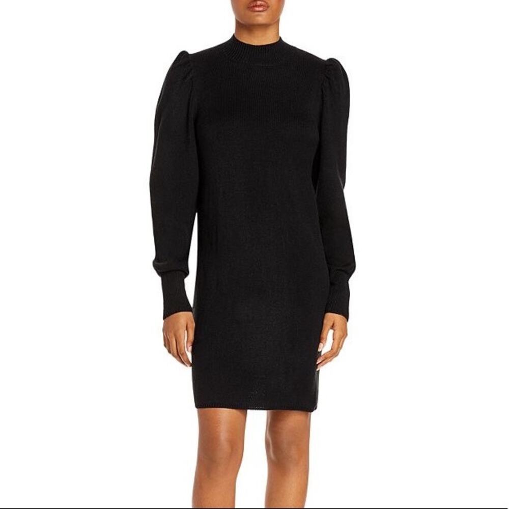 NEW Wayf Lola Puffy Sleeve Sweater Dress Black Knit Mock Neck Size XS $98